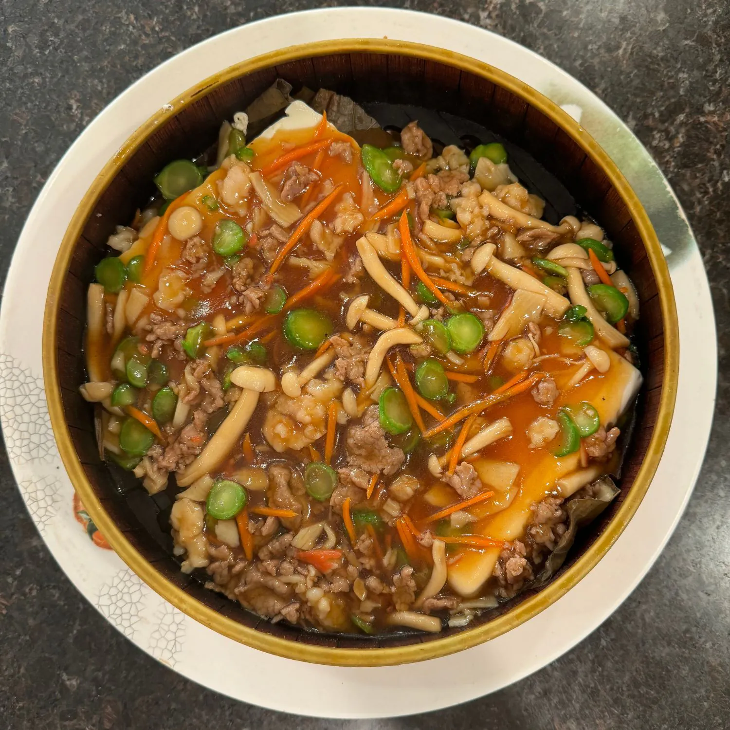 Silky tofu steamed with ground meat, mushrooms and vegetables in sauce at China Palace Restaurant, a Chinese Restaurant in Milpitas