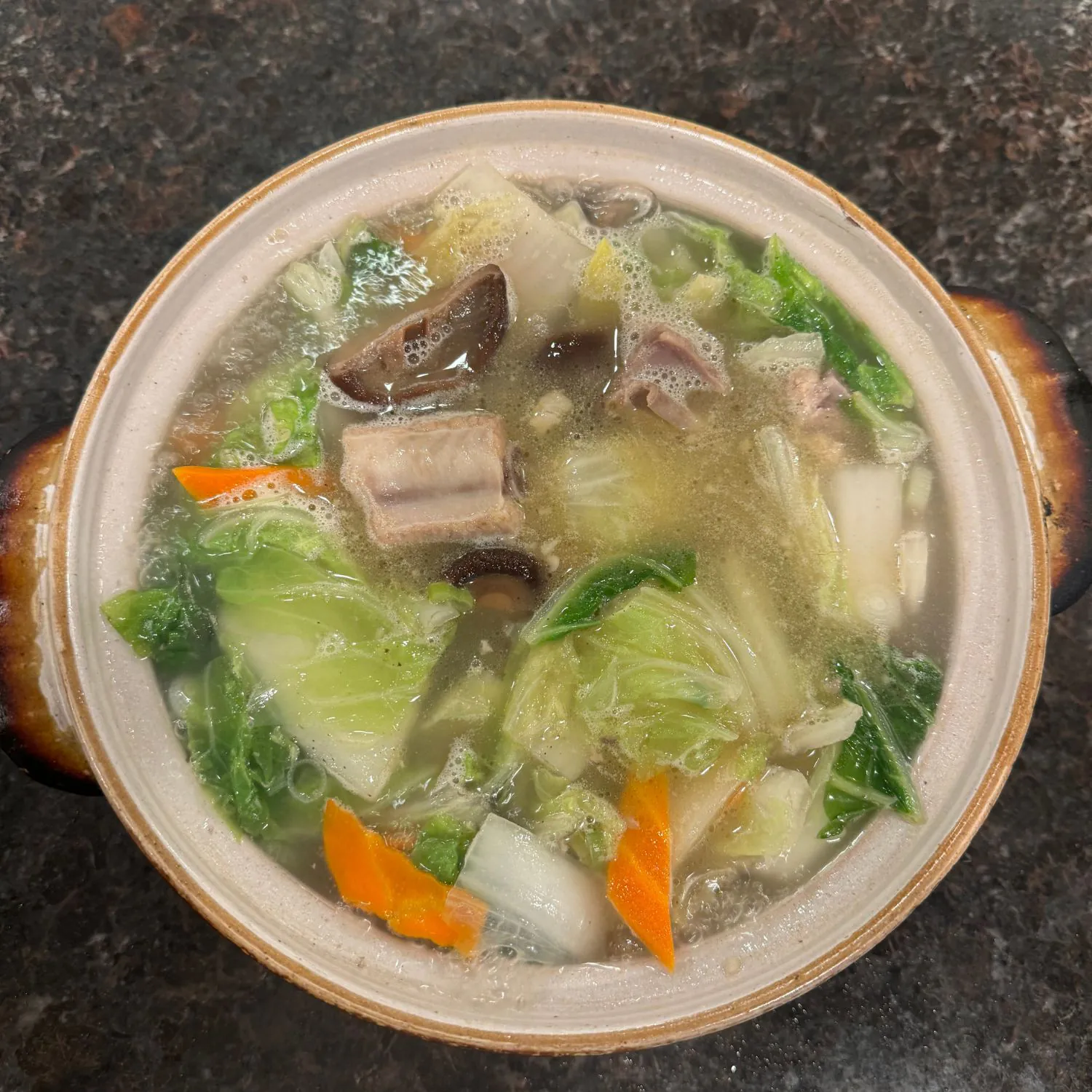 Nourishing soup with pork ribs, cabbage, mushrooms and carrots at China Palace Restaurant, a Chinese Restaurant in Milpitas